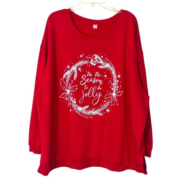 Holiday Time Christmas Sweatshirt Tis The Season To Be Jolly Red Women 2X Slits - Picture 4 of 11
